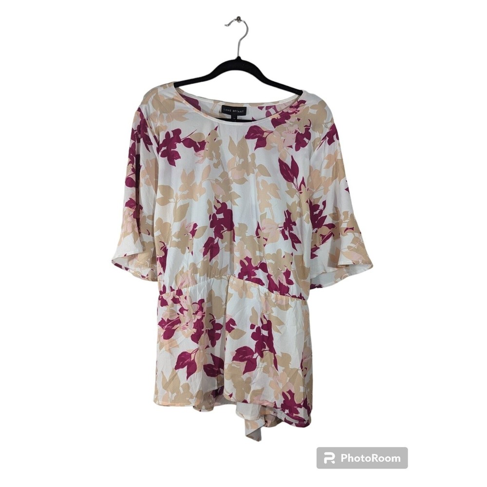 Lane‎ Bryant Womens Floral Cream Pink Cinched Waist Tie Back Top Sz 28 Mature